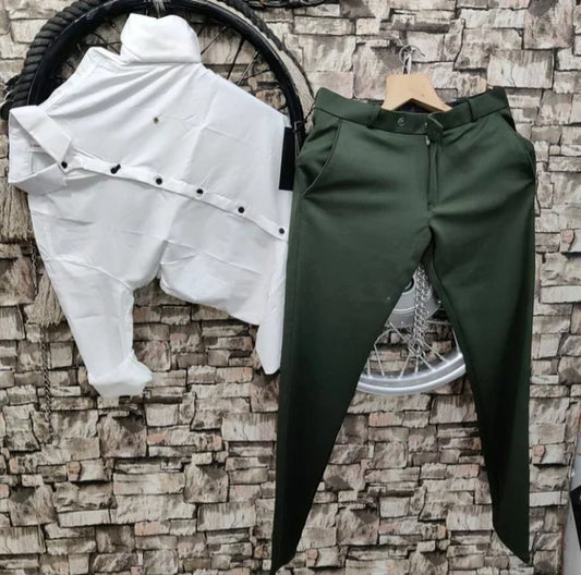 Lycra Shirt And Pant In White And Green - Combo